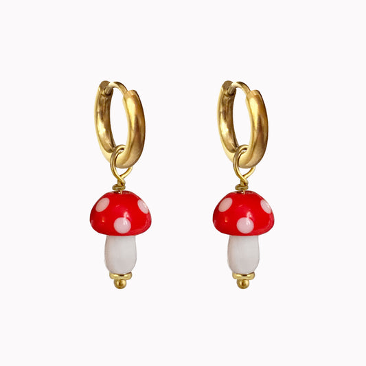 Gouden oorbellen Paddenstoel Rood met witte stippen