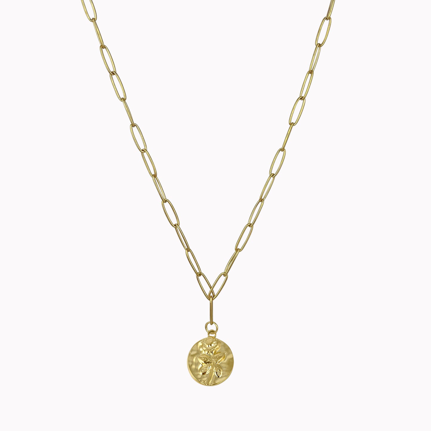 Gouden schakelketting met munt vormige bedel roos