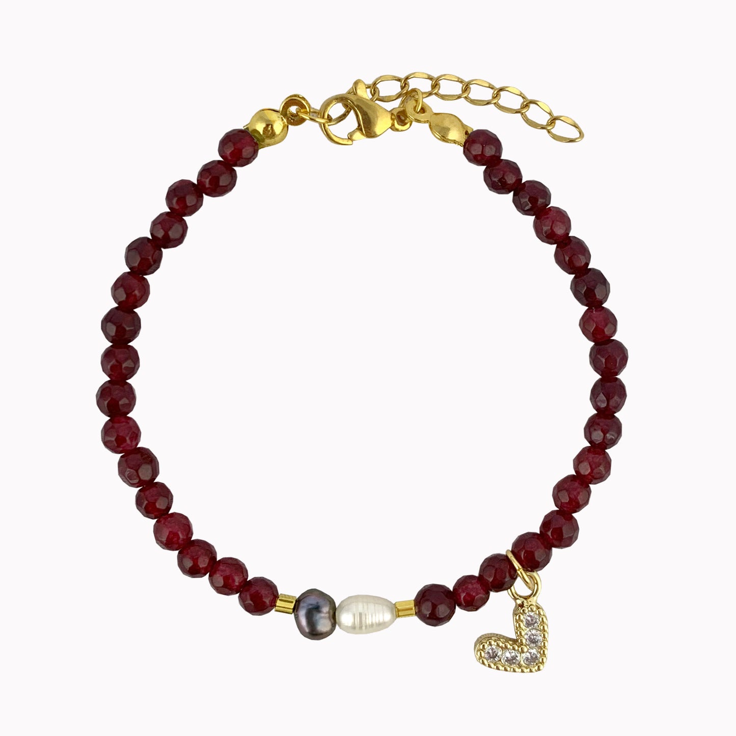 Armband Red Chalcedony | Rode kralen armband met parels en hartje