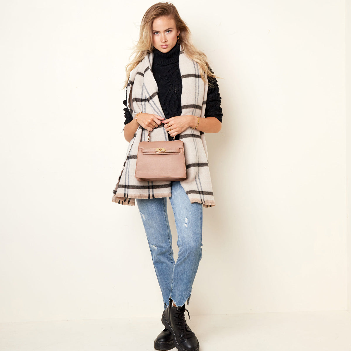 Geruite Sjaal Licht Beige