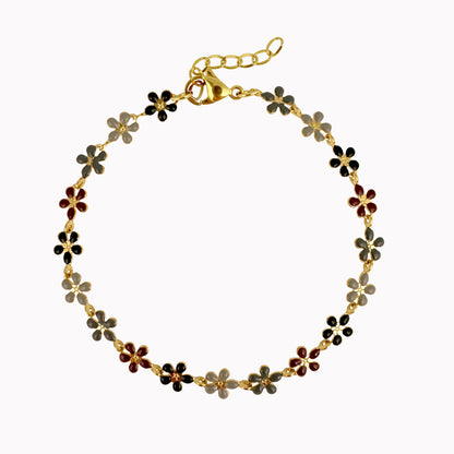 Gouden schakel armband met bloemetjes bruin en grijs