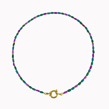 Kralen ketting in groen, paars en blauw met gouden slotje