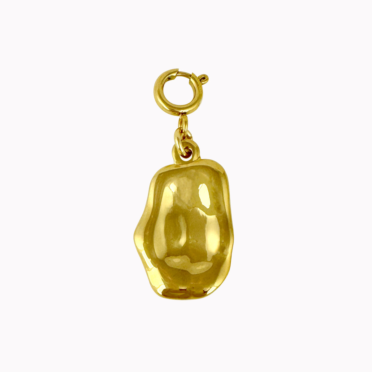 Gouden bedel met een glanzende organische vorm en een goudkleurige sluiting voor kettingen en armbanden.