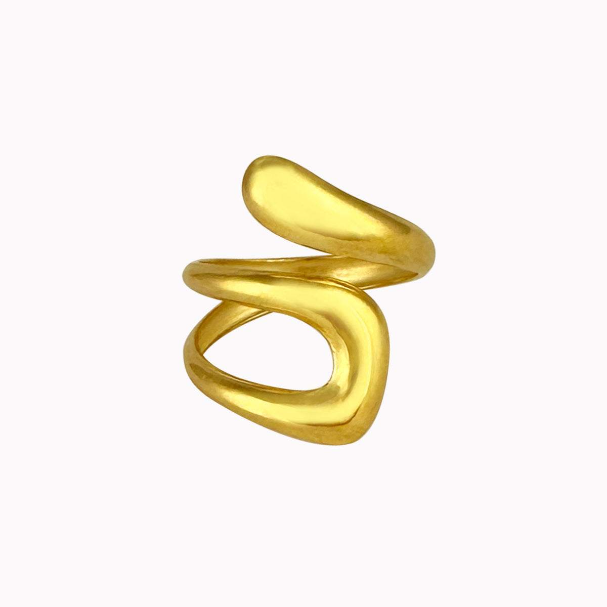 Gouden statement ring met een speelse organische swirl vorm en een gladde, glanzende afwerking.