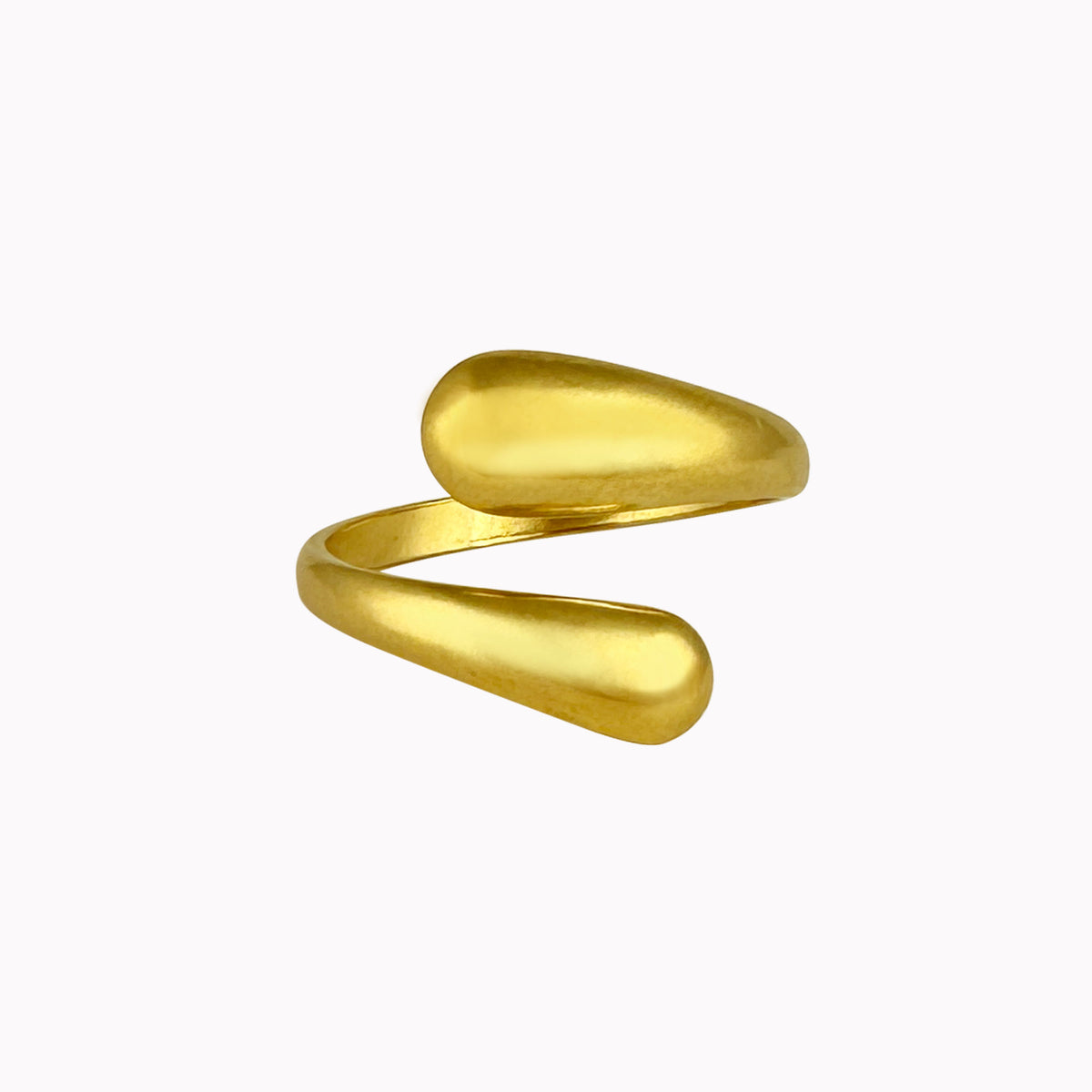 Gouden verstelbare ring met twee afgeronde, druppelvormige uiteinden en een minimalistisch ontwerp.