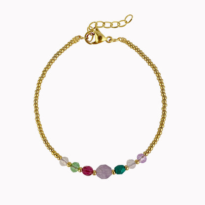 Gouden kralen armband met paarse en groene steentjes