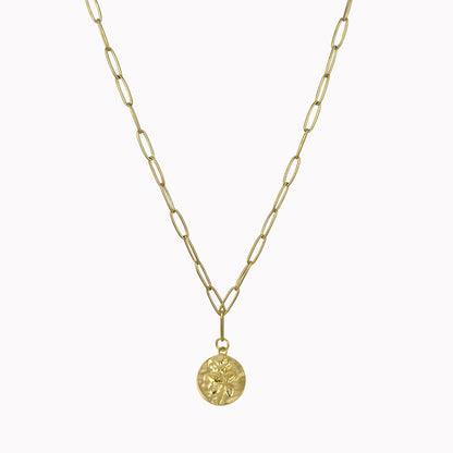 Gouden schakelketting met munt vormige bedel roos