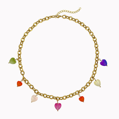 Gouden statement schakelketting met gekleurde hartjes