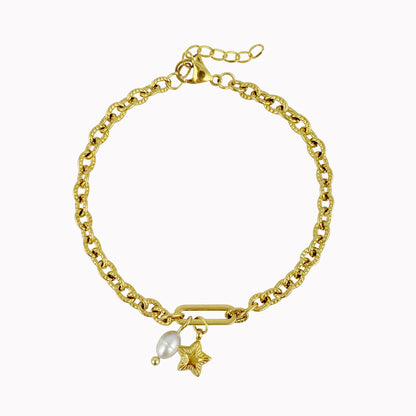 Gouden schakelarmband met parel en sterretje